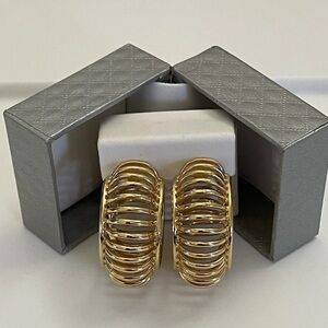 Vintage Monet Large Wide Open Work Ribbed Domed Hoop Pierced Earrings